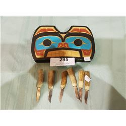 NATIVE CARVING AND 6 SMALL BONE HANDLED KNIVES