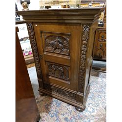 LATE 1800'S GERMAN HIGHLY CARVED OAK CABINET 49"H X 33"W X 18"D