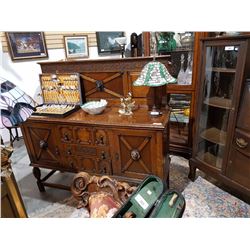 VICTORIAN OAK SIDEBOARD W/CARVED LION'S HEADS 56"H X 60"W X 19"D
