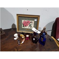 EMBROIDERED HUMMINGBIRD, 3 PERFUME BOTTLES, 5 MINIATURES