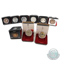 RCM Lot: 1971 to 1979 Canada Cased Silver Commemorative Dollars as issued by the Mint. 9 sets