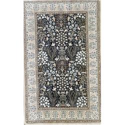 Isphahan Partial Silk Rug, Post 1950, Blue ground with bird, animal and flowering tree field...