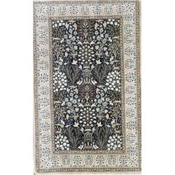 Isphahan Partial Silk Rug, Post 1950, Blue ground with bird, animal and flowering tree field...