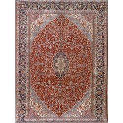 Kerman Rug, Post 1950, Red ground with palmette and trellising vine field centering a lobed m...