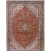 Image 1 : Kerman Rug, Post 1950, Red ground with palmette and trellising vine field centering a lobed m...