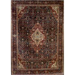 Hamadan Rug, Post 1950, Blue ground with millefleur field centering a lobed medallion on red-...