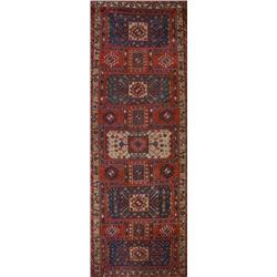 Hamadan Rug, Post 1950, Red ground with latchhook and geometric field centering five rectangu...