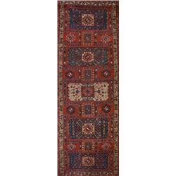 Hamadan Rug, Post 1950, Red ground with latchhook and geometric field centering five rectangu...