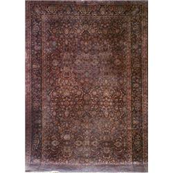 Manchester Keshan Rug, Circa 1930, Red ground with palmette and trellising vine field within...