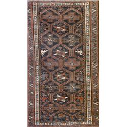 Hamadan Rug, Post 1950, Blue ground with bird field enclosing diagonal rows of latchhook meda...