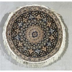 Isphahan Partial Silk Round Rug, Post 1950, Blue ground with a floral field centering a star...