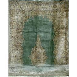 Kerman Rug, Circa 1940, Green ground centering a pulled medallion on variegated ground enclos...