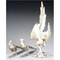 Group of Three Continental Parcel Gilt Silver Figures of Birds, Probably Spanish, 20th Century...