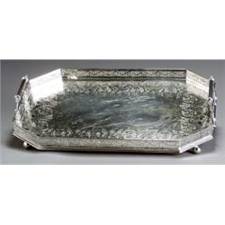 George III Style Silver Plate Two-Handle Gallery Tray, Early 20th Century, Some scratching to...