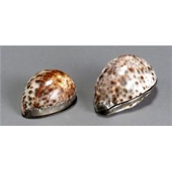 Two Victorian Silver Mounted Cowrie Shell Snuff Boxes, One, lacking maker's mark, Sheffield, 18...