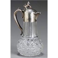 Victorian Silver Mounted Cut Glass Claret Jug, Maker's mark ? T, London, 1873, The collar eng...