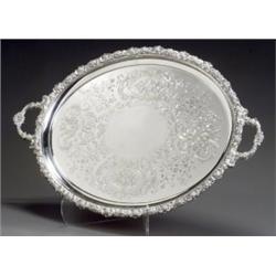 Victorian Silver Tea Tray, Walker & Hall, Sheffield, 1897, With embossed flowerhead and C-scr...