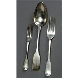 Group of Fifty English Silver Soup Spoons and Forks, Various Makers, Various Dates, Consistin...