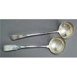 Two George III-IV Silver Soup Ladles, The first, Irish, maker's marks illegible, Dublin, 1827,...