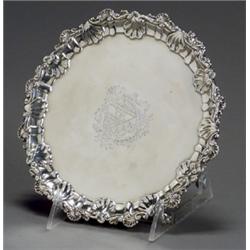 George III Silver Salver, Richard Rugg, London, 1770, Engraved with an armorial within a C-sc...