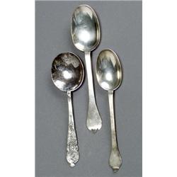 Six Charles I - Queen Anne Silver Rat-Tail Spoons, Four trifid pattern, the first, Jno. Ladyman...