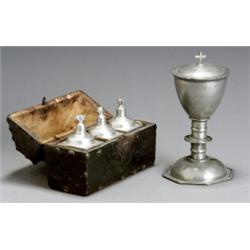 Cased Set of Three Continental Pewter Chrismatories and an English Covered Chalice, 18th-19th C...