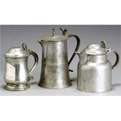 Two George III Pewter Spouted Tankards and a Tankard, Late 18th-Early 19th Century, The first...