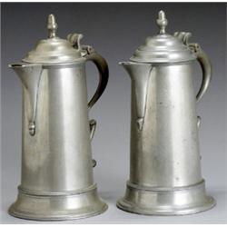 Pair of George III Pewter Flagons, Maker's Mark Unclear, Late, Height: 12-3/4 in (32.4 cm)...