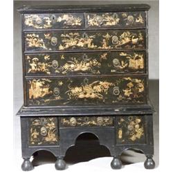 William & Mary Black Japanned Highboy, Predominantly Last Quarter 17th Century, Lacking legs;...