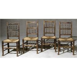 Set of Four George III Style Turned Elmwood Rush Seat Side Chairs, Lancashire, 19th Century,...