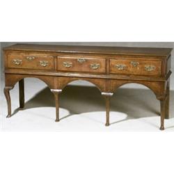 George III Oak and Elmwood Welsh Dresser Base, Circa 1760, Brasses replaced; some knee return...