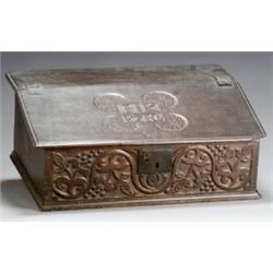 Queen Anne Oak Bible Box, Early 18th Century, The slant-front lid carved with initials IK/171...