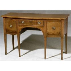 George III Style Satinwood Inlaid Mahogany Bow-Front Small Sideboard, Mid-19th Century, Brass...