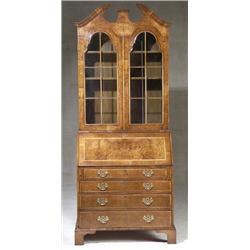 George I Style Feather Banded Burl Walnut and Walnut Slant-Front Bureau Bookcase, Late 19th Cen...