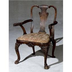 George II Style Walnut Armchair, Last Half 19th Century, Repairs to arms where they join the...