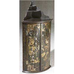 George III Black Japanned Bow-Front Hanging Corner Cupboard, Circa 1760, Distress to decorati...