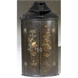 George III Black Japanned Bow-Front Hanging Corner Cupboard, Circa 1760, Interior light-green...