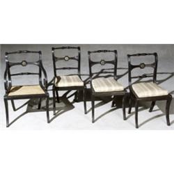 Set of Four Regency Brass Mounted Ebonized Wood and Caned Dining Chairs, Circa 1815, Consisti...