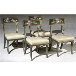 Set of Six Regency Green Japanned Cream Leather Seat Side Chairs, Early 19th Century, Decorat...