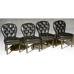 Set of Four Victorian Ormolu Mounted Beechwood Leather Upholstered Side Chairs, Last Quarter 19...