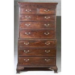 George III Mahogany Chest-on-Chest, Circa 1770, Minor losses to dentil cornice; brasses repla...