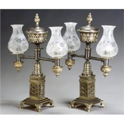 Pair of George IV Gilt Bronze and Bronze Argand Lamps, Johnston Brookes & Co, London, Mid-19th...