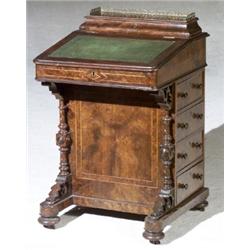 Victorian Satinwood Inlaid Burl Walnut Davenport, Last Quarter 19th Century, Some repairs and...