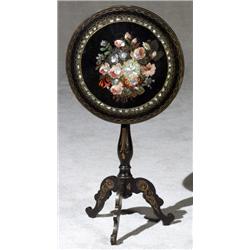 Victorian Mother-of-Pearl Inlaid and Decorated Black Lacquer Papier-MGchT Tip-Top Tripod Stand...