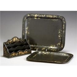 Two Victorian Gilt Decorated Black Lacquer Papier-MGchT Trays and a Stationery Stand, Third Qua...