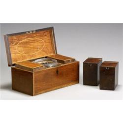 George III Mahogany Tea Caddy and a Pair of Tea Caddies, Late 18th Century, The larger tea ca...