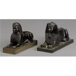 Two French Bronze Figures of Sphinx, 20th Century, Each with dark brown patina raised on a re...