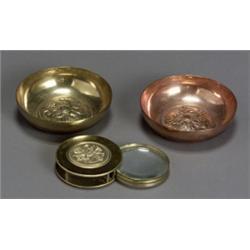 Two Russian Commemorative Copper and Brass Ash Receivers and a Magnifying Glass, Ash Receivers...