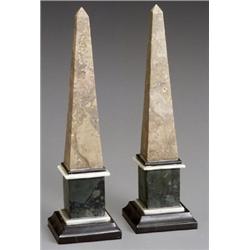 Pair of Continental Variegated Marble and Slate Obelisks, Early 20th Century, Repair to top c...