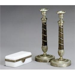 Pair of Austrian Neoclassical Style Patinated Brass and Ormolu Candlesticks and a French Opalesce...